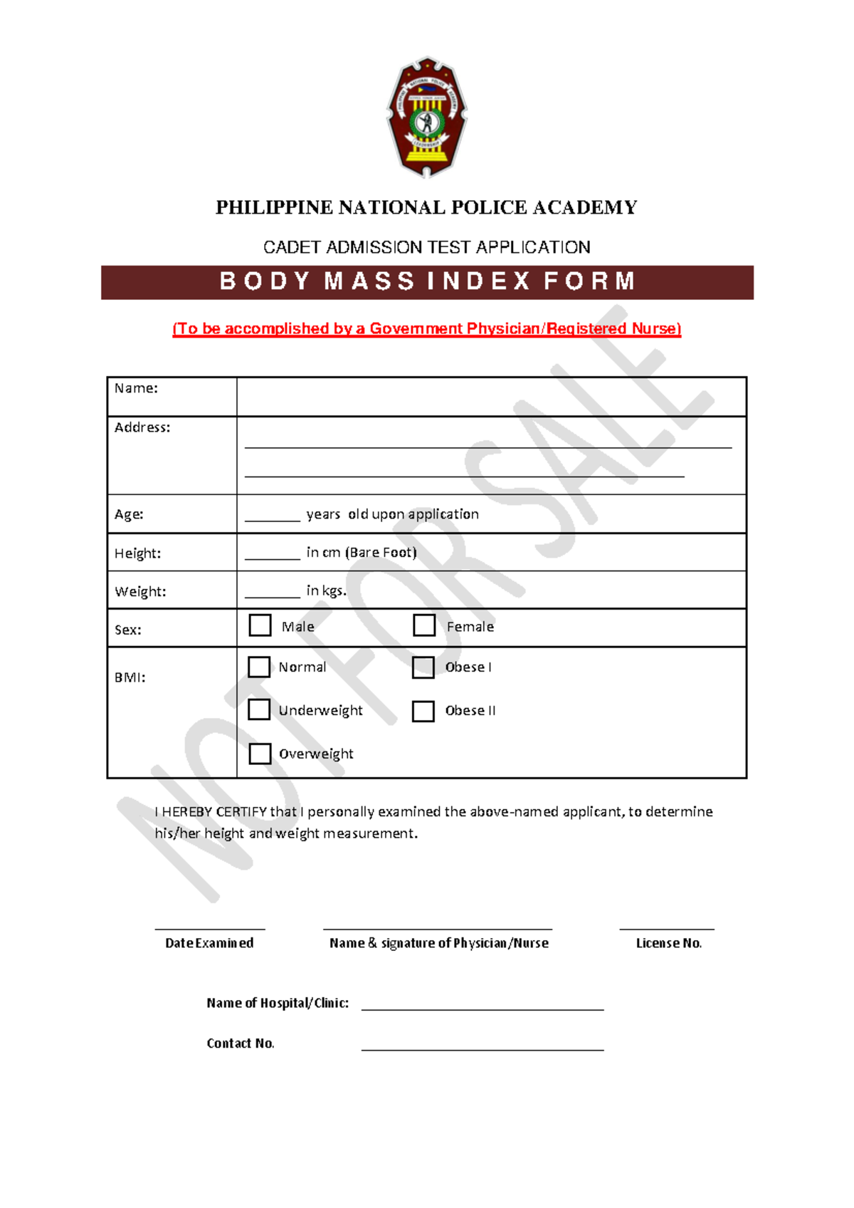 Pnpacat BMI Form - Nothing - PHILIPPINE NATIONAL POLICE ACADEMY CADET ...