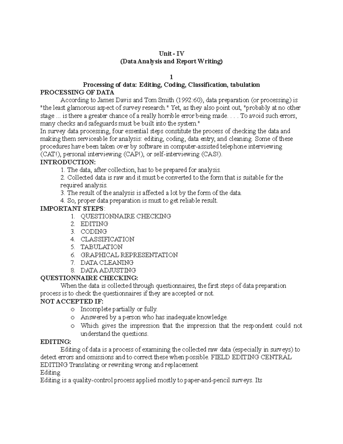 Processing of data - Unit - IV (Data Analysis and Report Writing) 1 ...