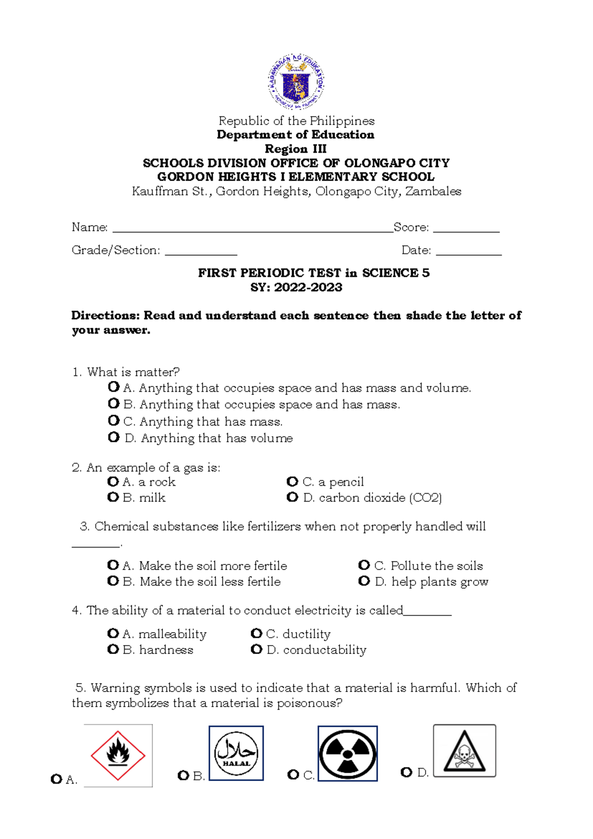 PTQ1 Science 5 - SAMPLE FIRST QUARTER PERIODICAL TEST - Republic of the ...