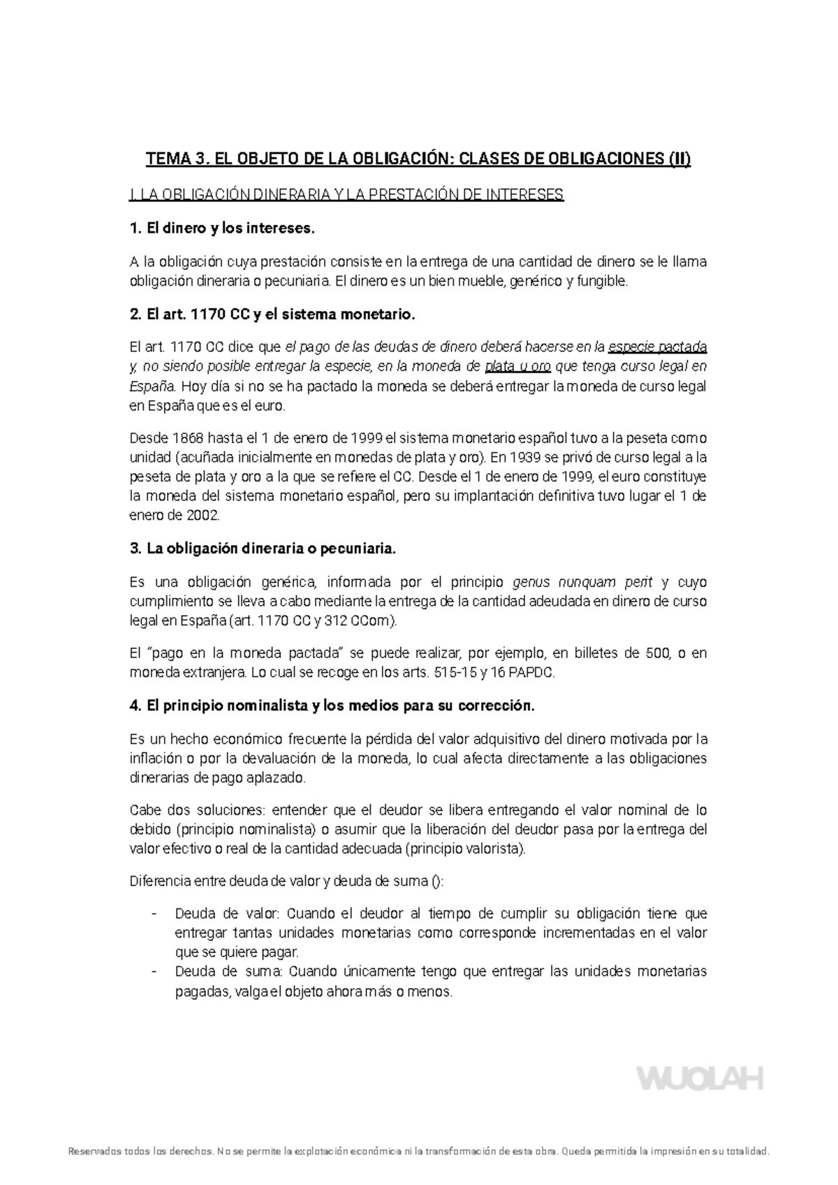 Tema 3 Civil - TEMA 3. EL OBJETO DE LA OBLIGACIÓN: CLASES DE ...