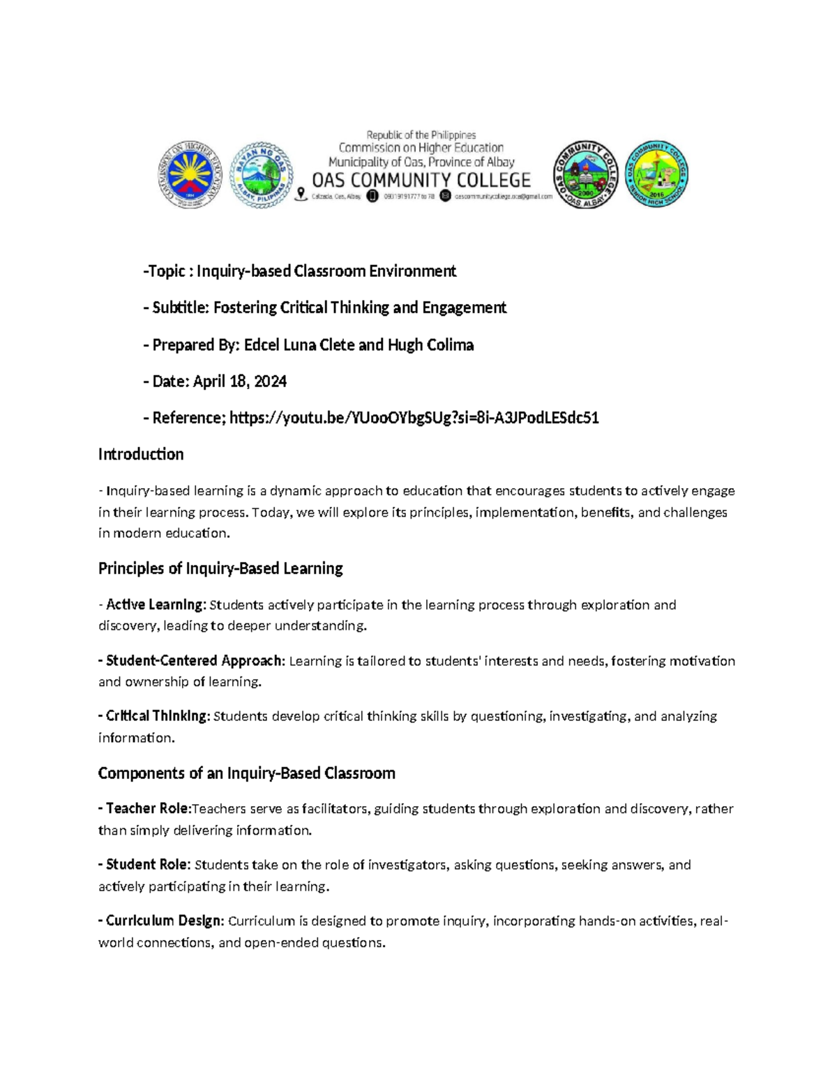 Inquiry-Based Classroom Environment: Engaging Students and Fostering ...