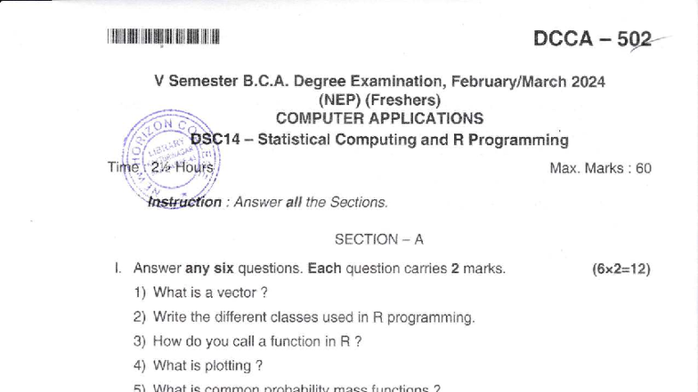 Statistical Computing & R Programming - BCA V Sem Exam 2024 - Studocu