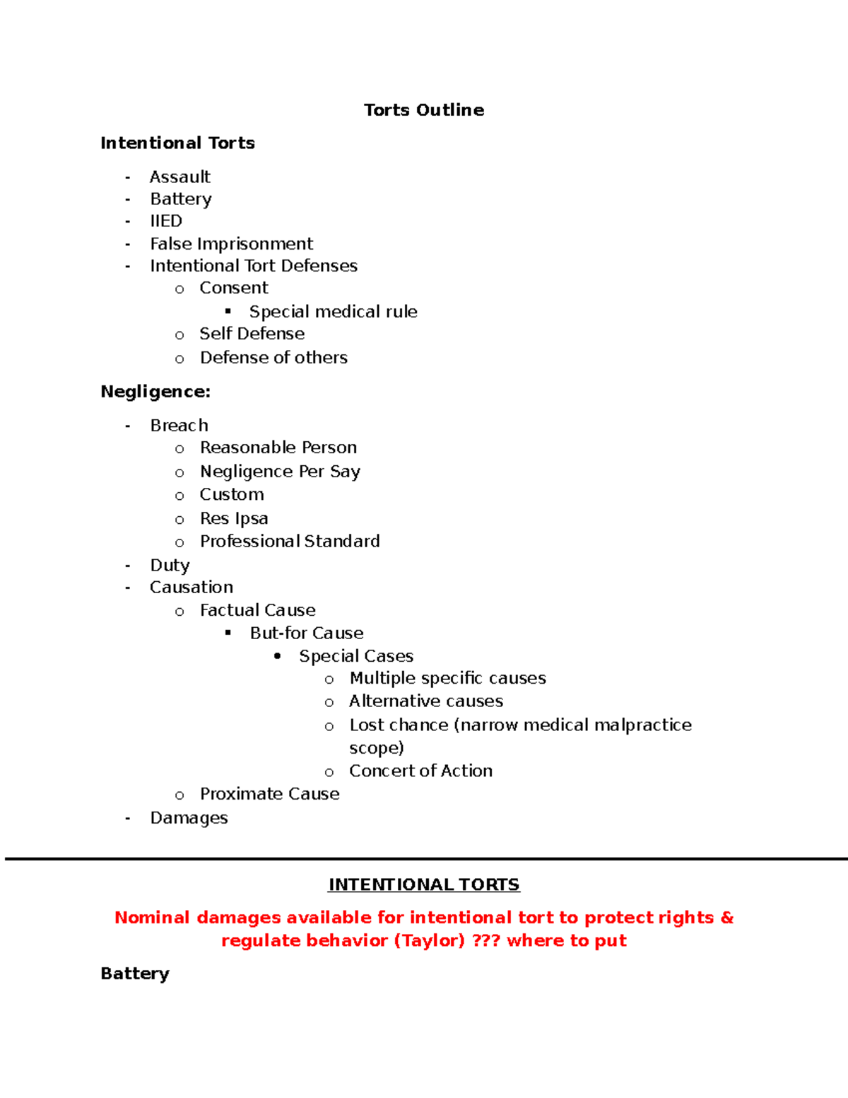 Torts outline: intentional torts, negligence, and defenses (LAW 101 ...