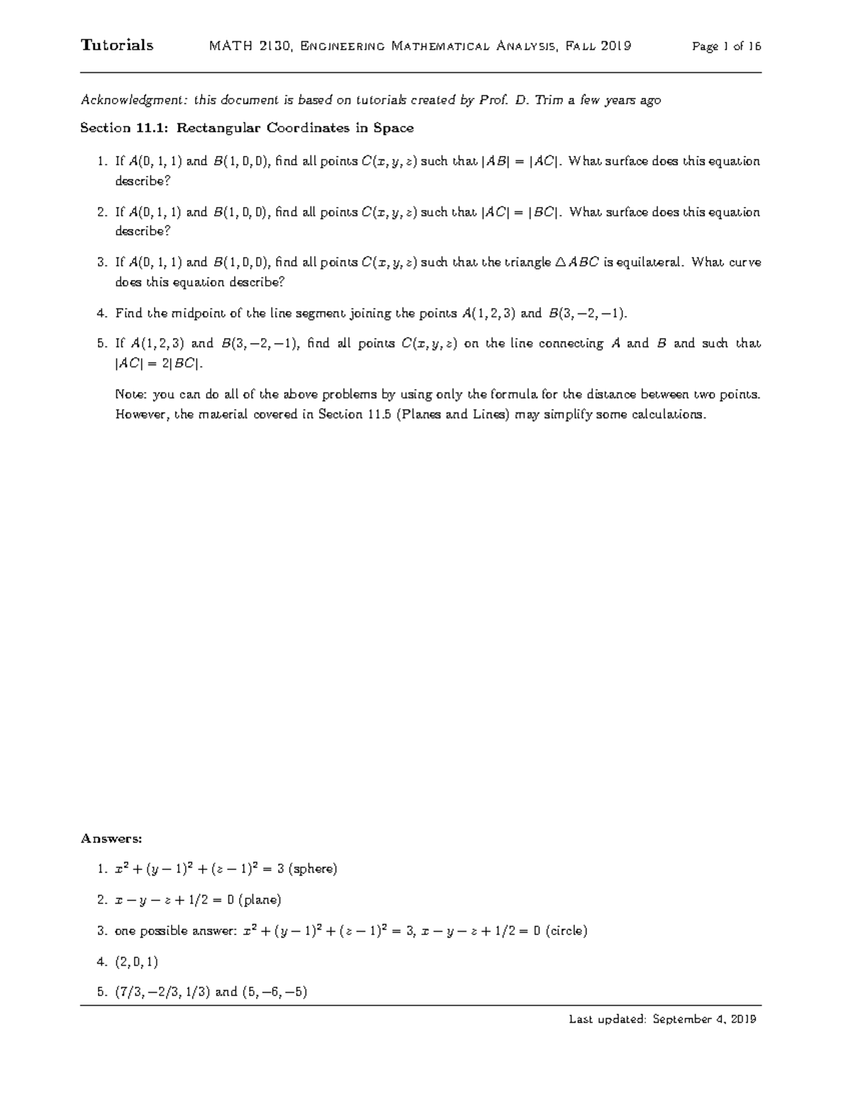 2130 - Rectangular Coordinates in Space Tutorial Notes - Studocu