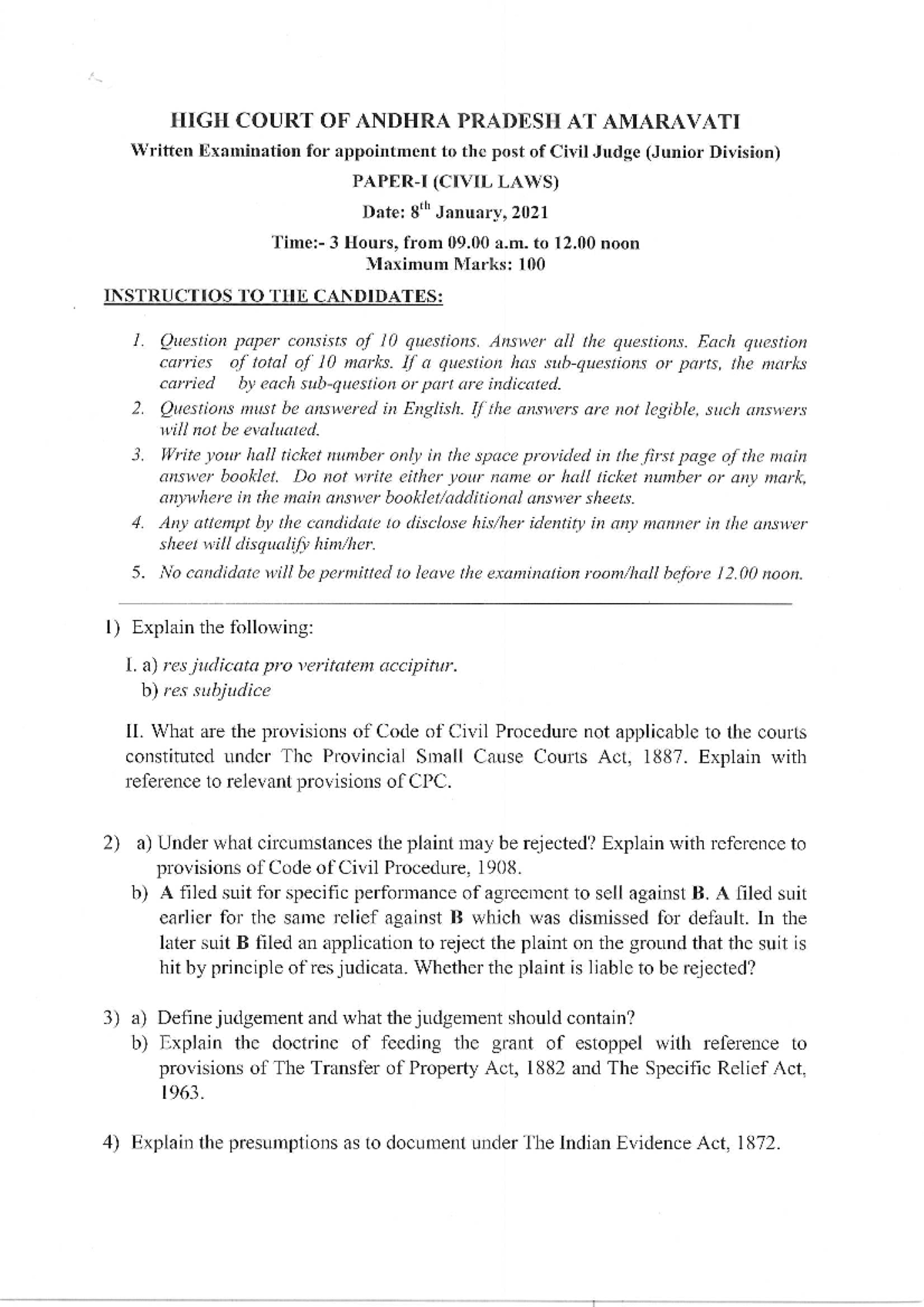 CIVIL JUDGE (JUNIOR DIVISION) WRITTEN EXAM - JCJ-2020 - Studocu