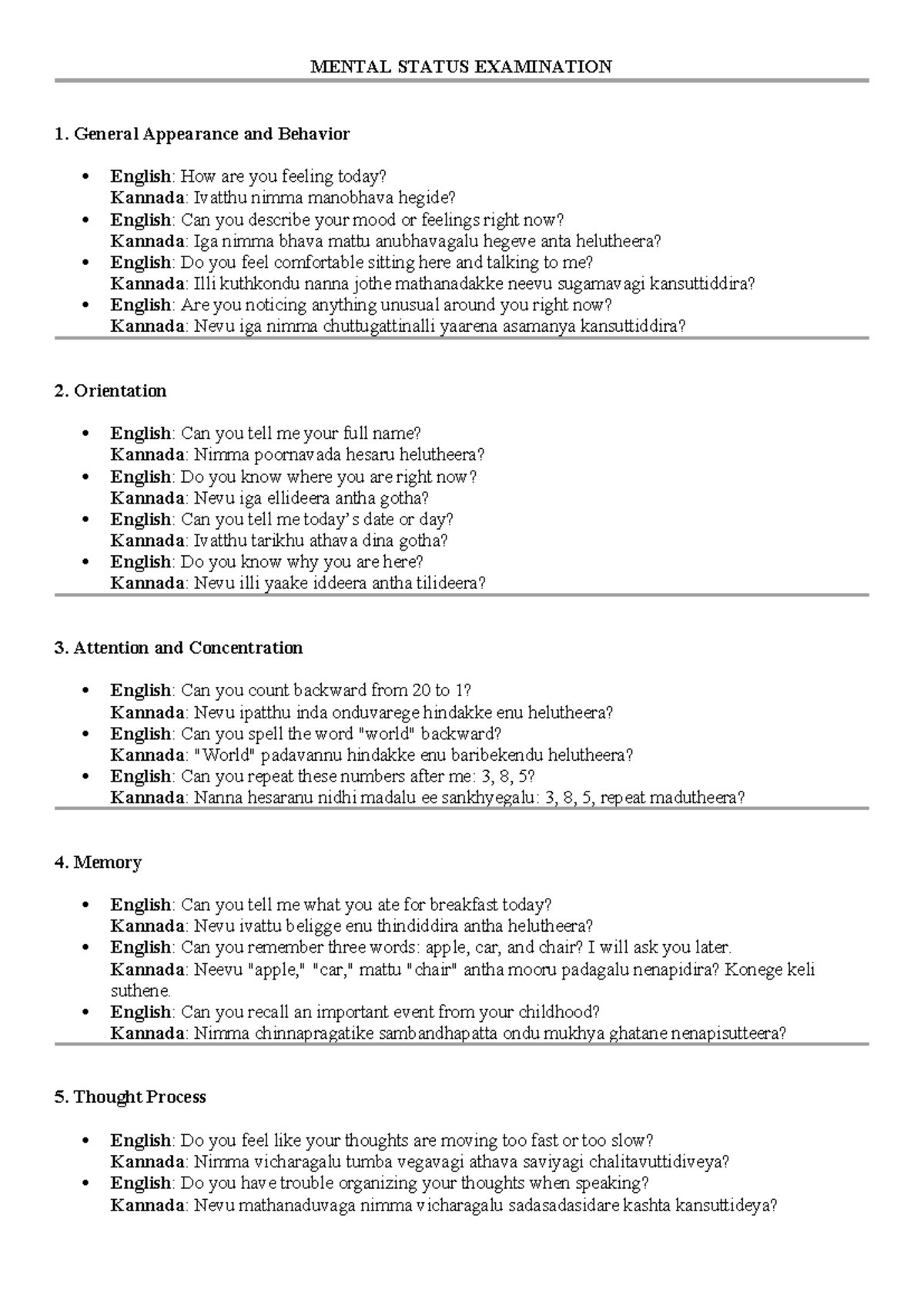 MSE 1: Mental Status Examination - Translated Questions and Responses ...