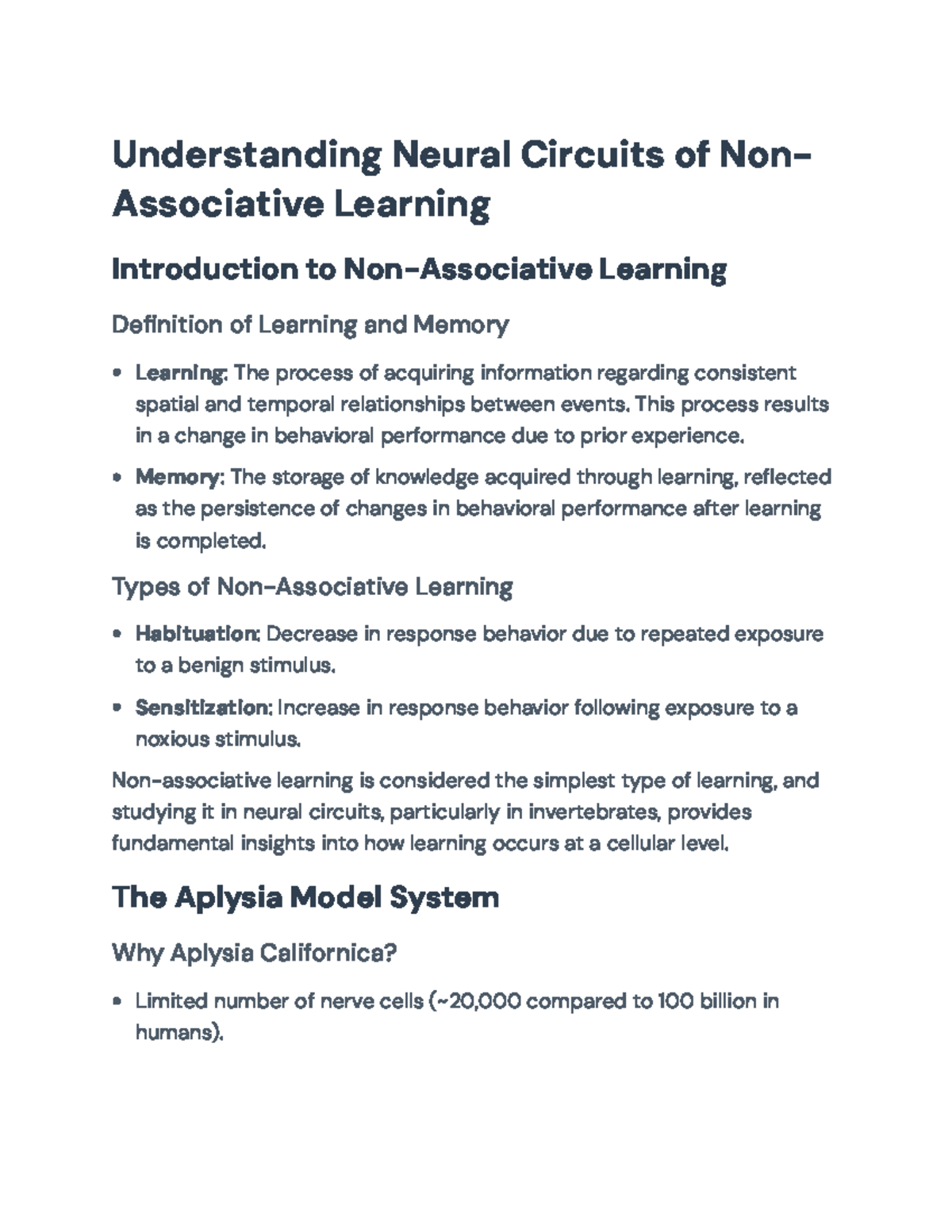 Understanding Non-Associative Learning in Neural Circuits (Course Code ...