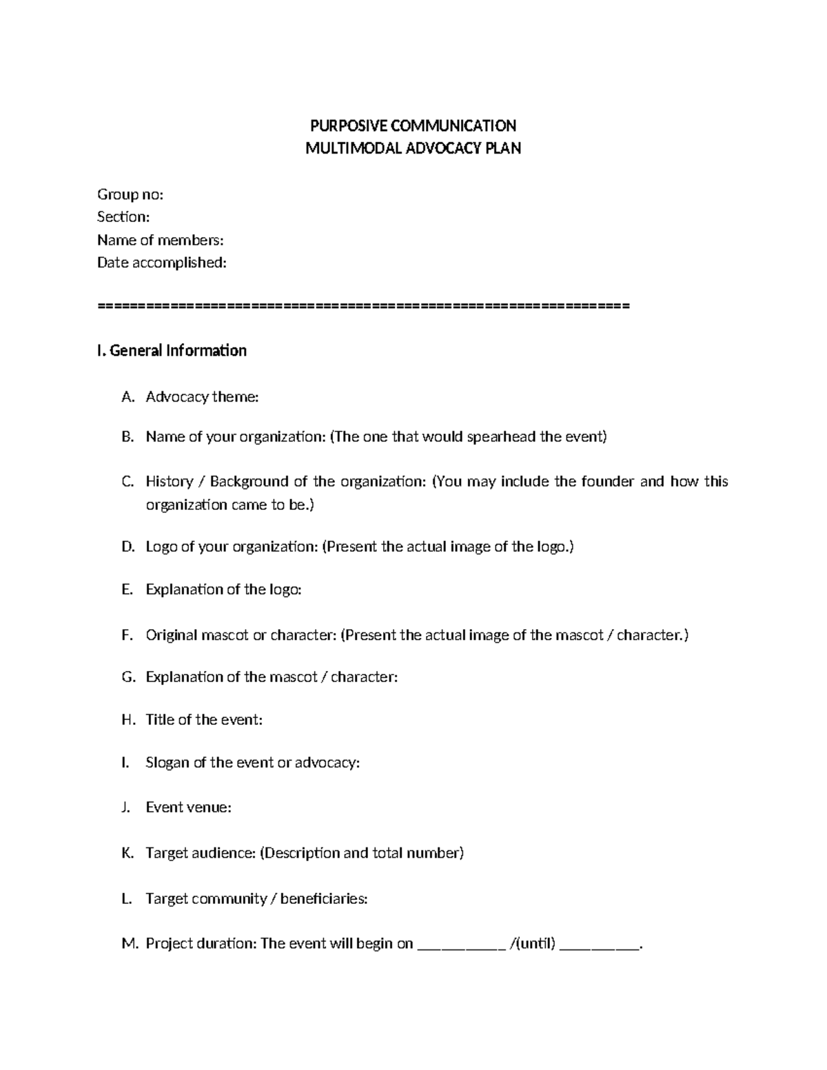 Advocacy Plan Template for Multimodal Communication Assignment - Studocu