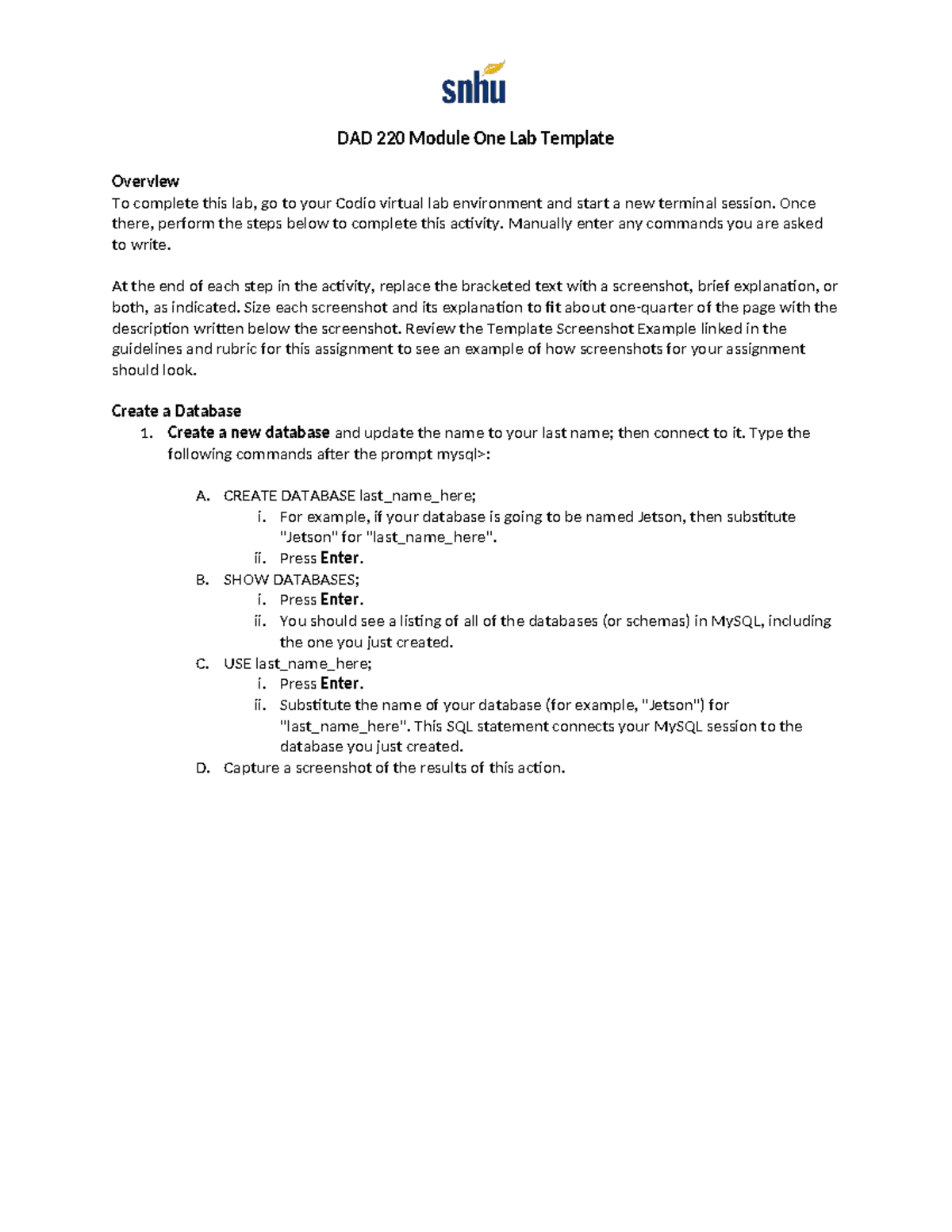 DAD 220 Module One Lab: Database Creation and Management Guide - Studocu