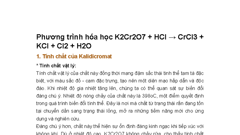 Phương Trình Hóa Học K2Cr2O7 HCl CrCl3 KCl Cl2 H2O - Tính Chất & Ứng ...