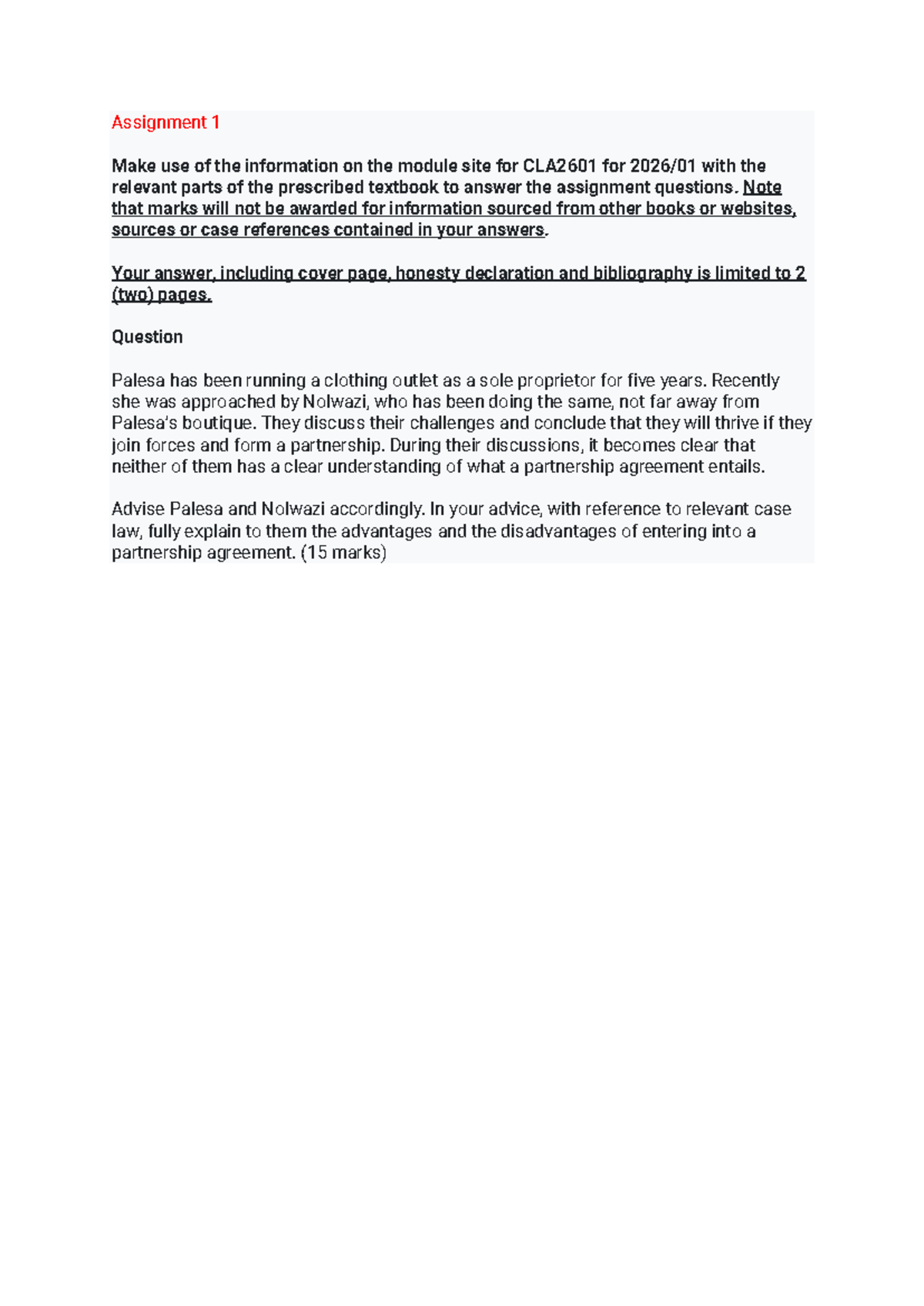 CLA2601 - S1 Assignment 1: Partnership Agreement Advice for Palesa ...