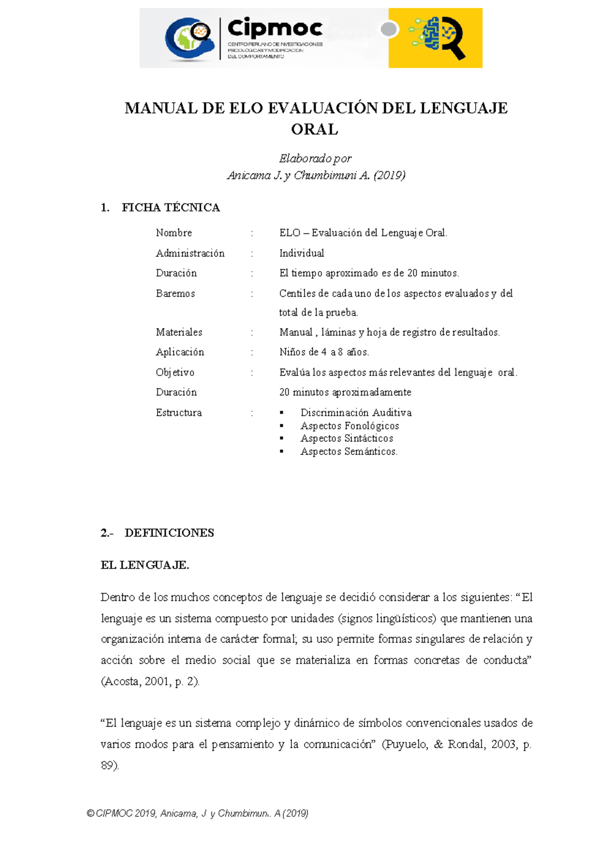 ELO - Manual de Evaluación del Lenguaje Oral (Individual) - Document Preview