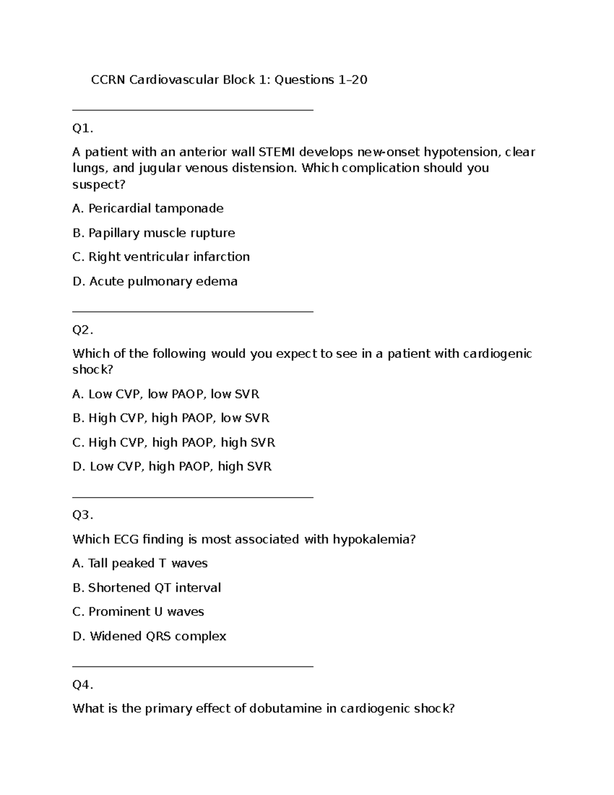 CCRN Cardiovascular Block 1: Key Questions & Answers - Studocu