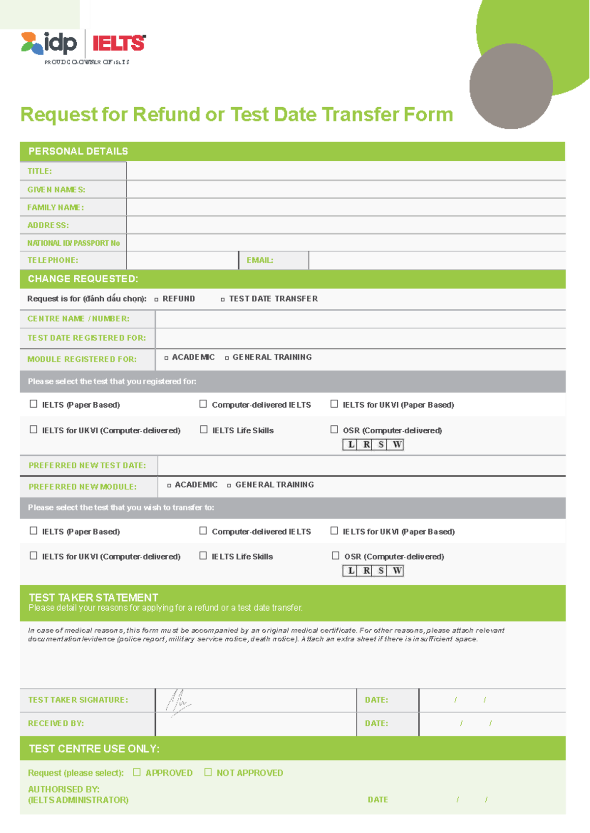 IELTS Request for Refund or Test Date Transfer Form - Studocu