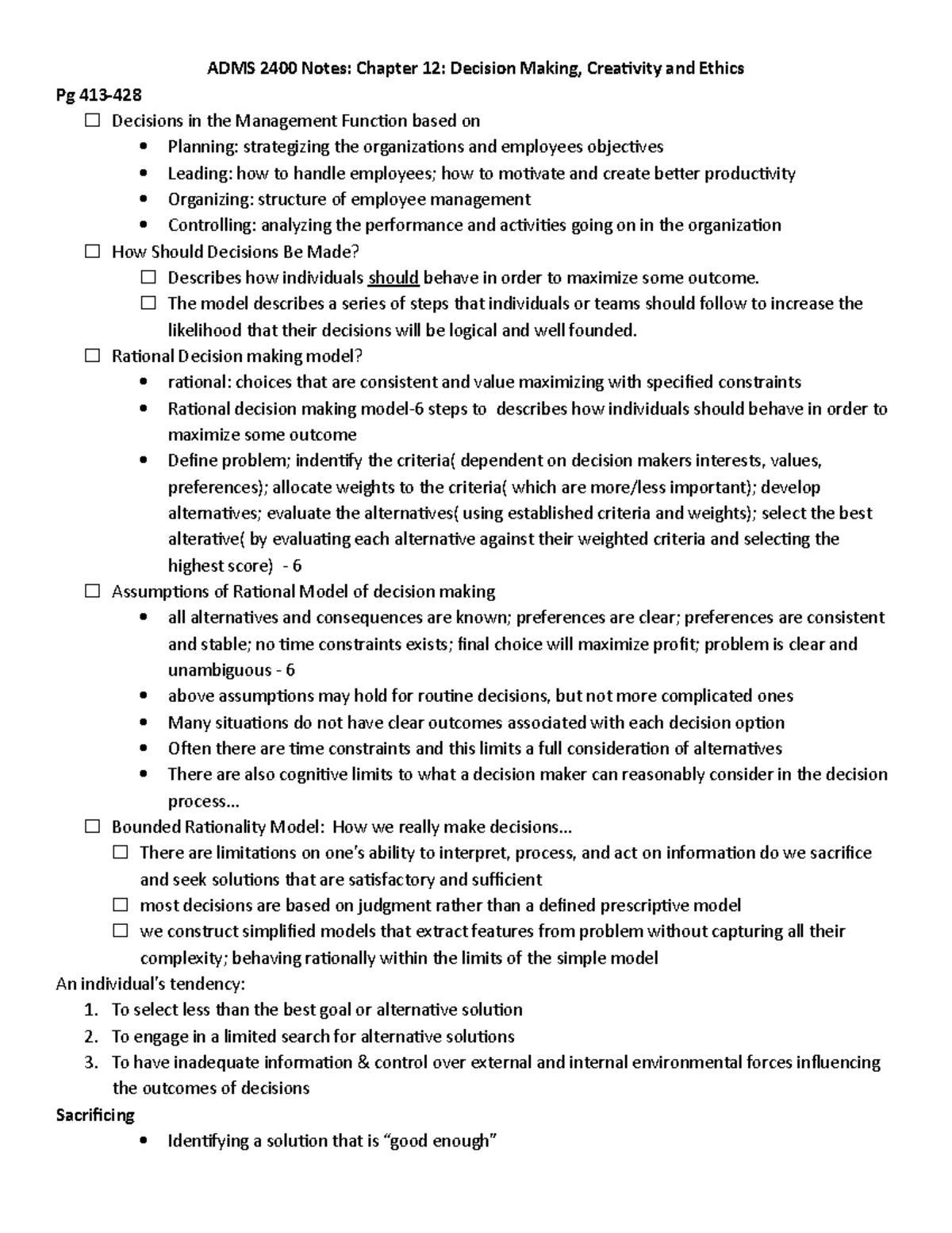 ADMS 2400 Notes for Mid Term - Chapter 1: Evidence Based Management ...