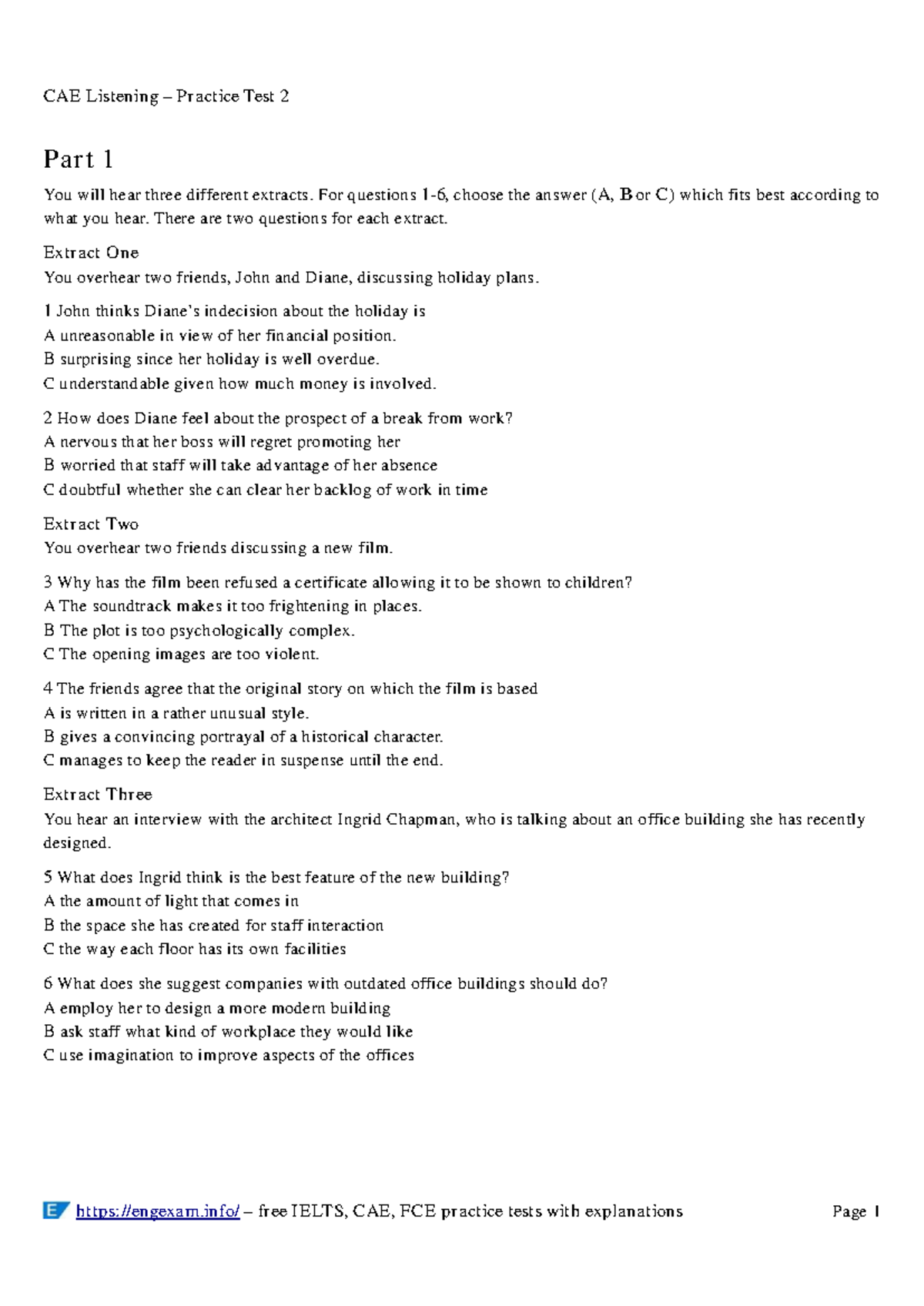 CAE Listening Practice Test 2: Extracts and Questions Analysis - Studocu