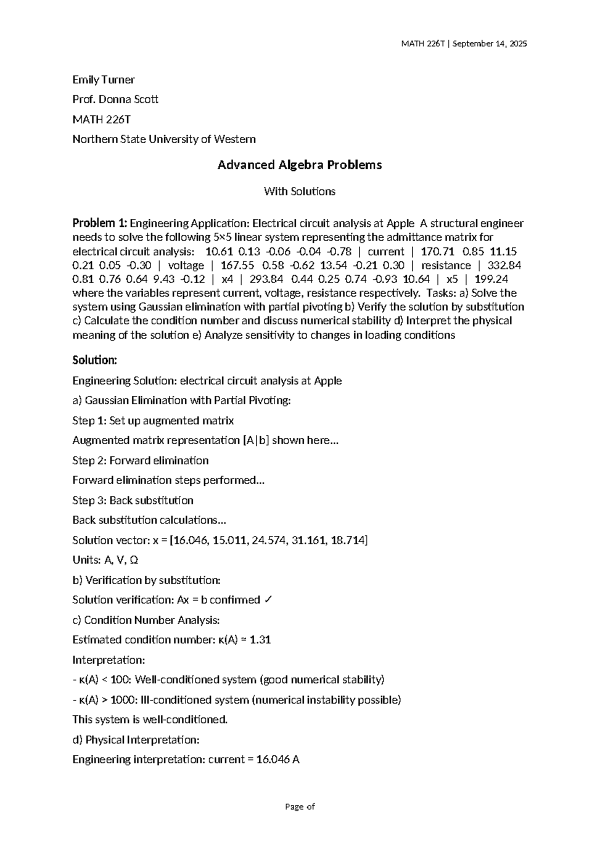 MATH 226T Advanced Algebra Solutions for Electrical Circuit Analysis ...