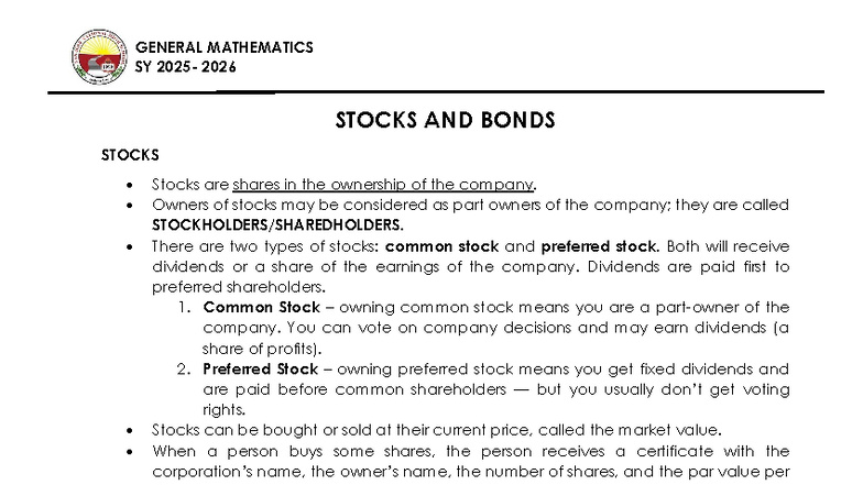 Lesson 7: Stocks and Bonds Overview for General Mathematics SY 2026 ...