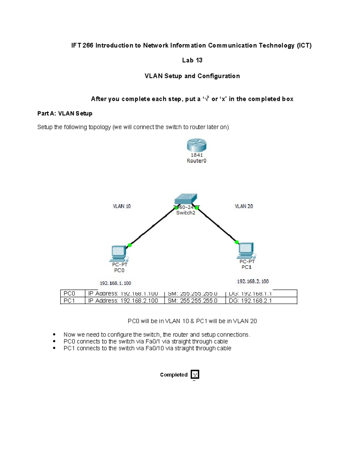 IFT 266 Lab 13: VLAN Configuration and Testing Procedure - Studocu
