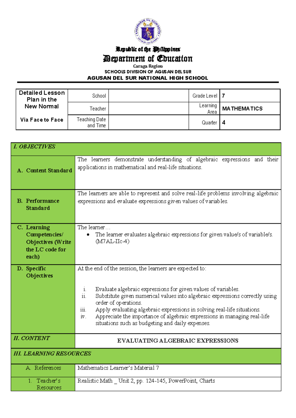 DLP: Evaluating Algebraic Expressions for Grade 7 (Mathematics) - Studocu