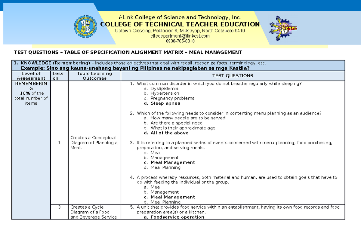 Prelim Exam Questions and Spec Matrices for MEAL Management - Studocu