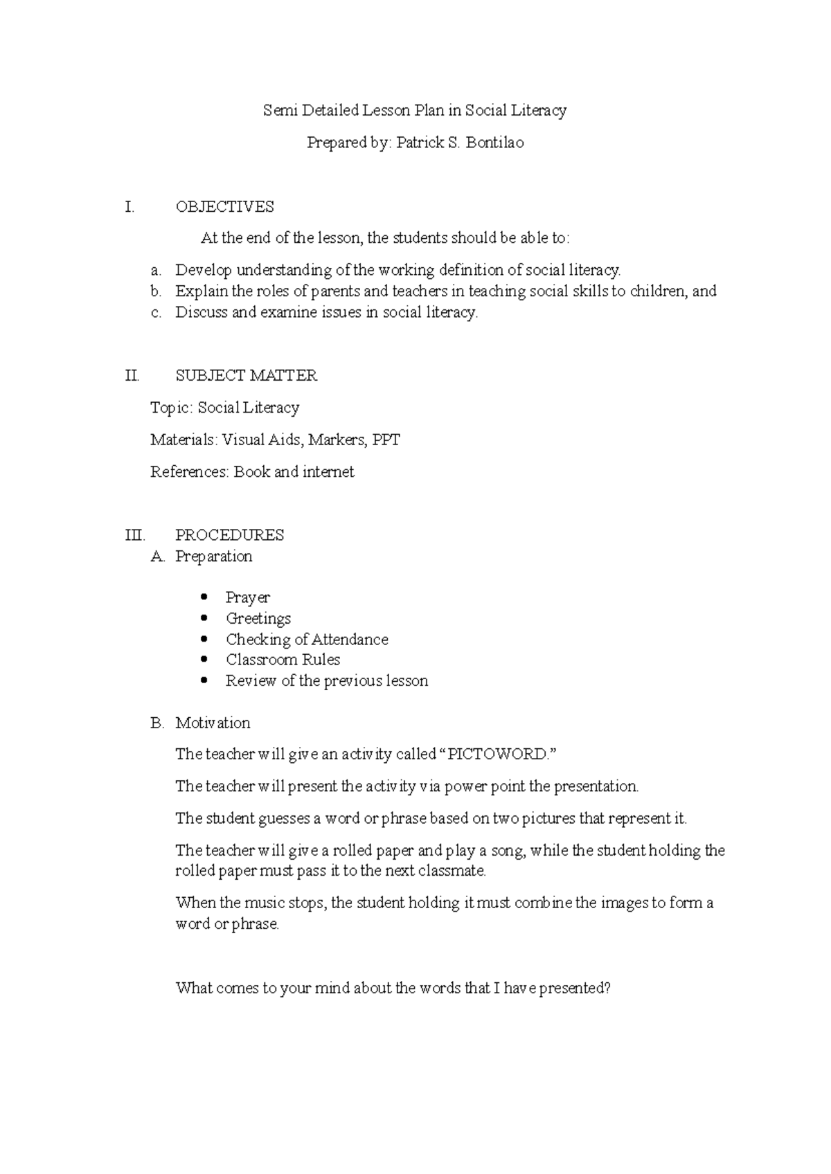 Semi-Detailed Lesson Plan: Social Literacy (Prepared by P. Bontilao ...