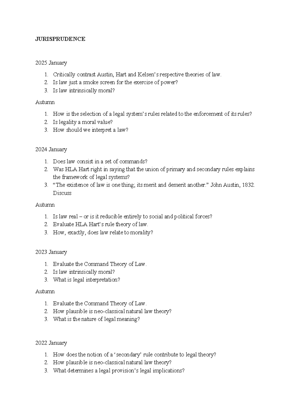 JURISPRUDENCE 2025 Past Exam Papers: Theories of Law & Morality - Studocu