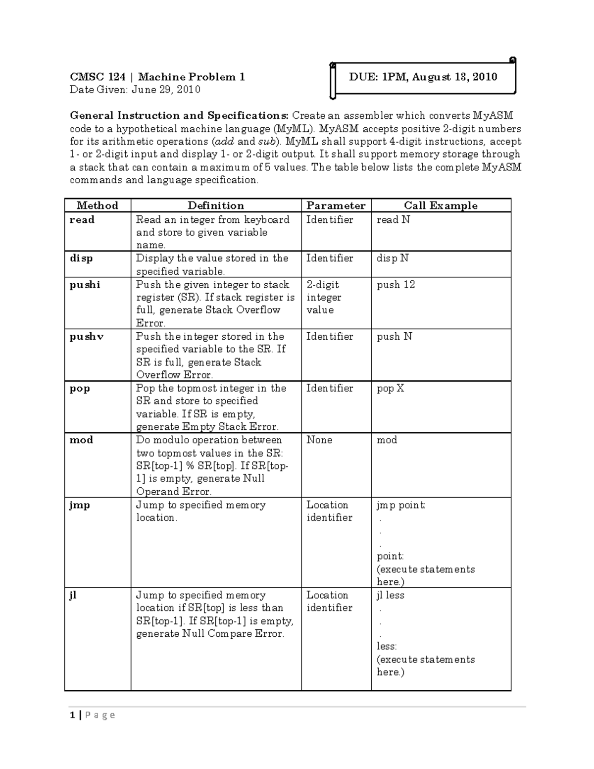 CMSC 124 Mp1 Specs (Updated) - CMSC 124 | Machine Problem 1 DUE: 1PM ...