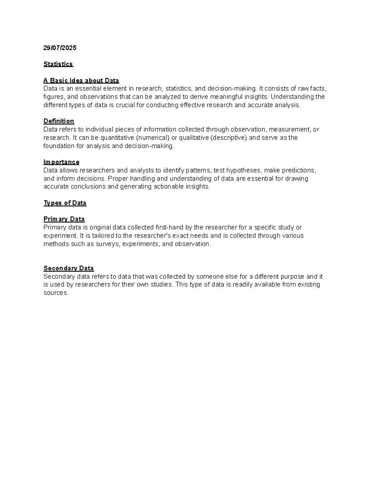 Statistics A Basic Idea about Data: Descriptive Stats Overview - Studocu