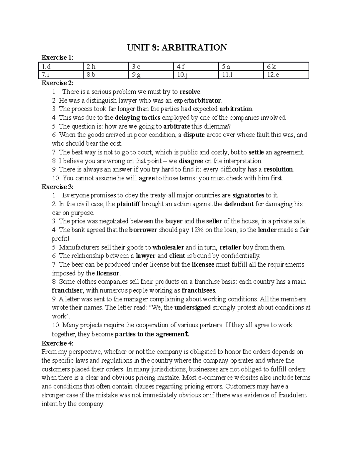Bài tập Unit 8 - cô kim thoa btvn - UNIT 8: ARBITRATION Exercise 1: 1 2 ...