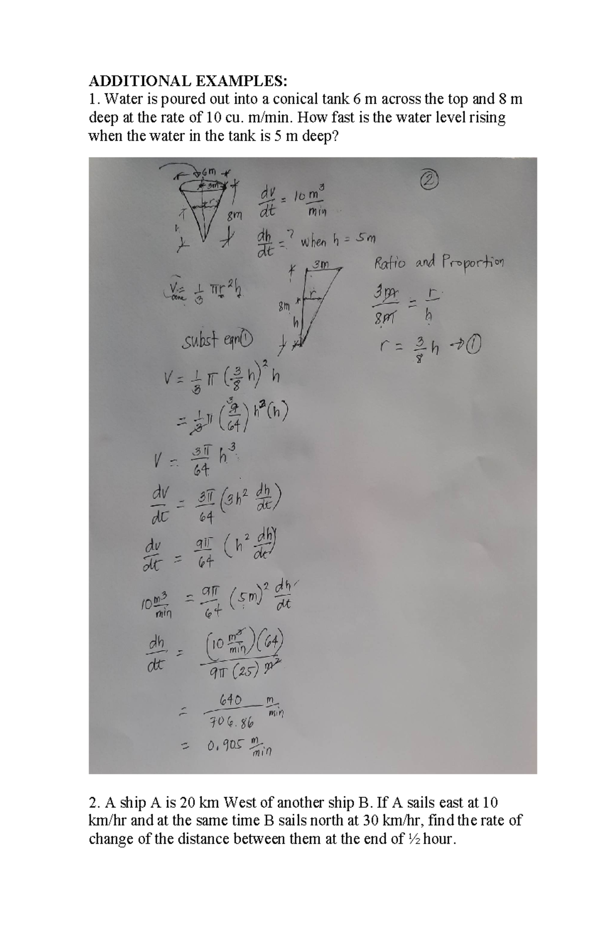Addl problems and solutions in related rates - ADDITIONAL EXAMPLES ...