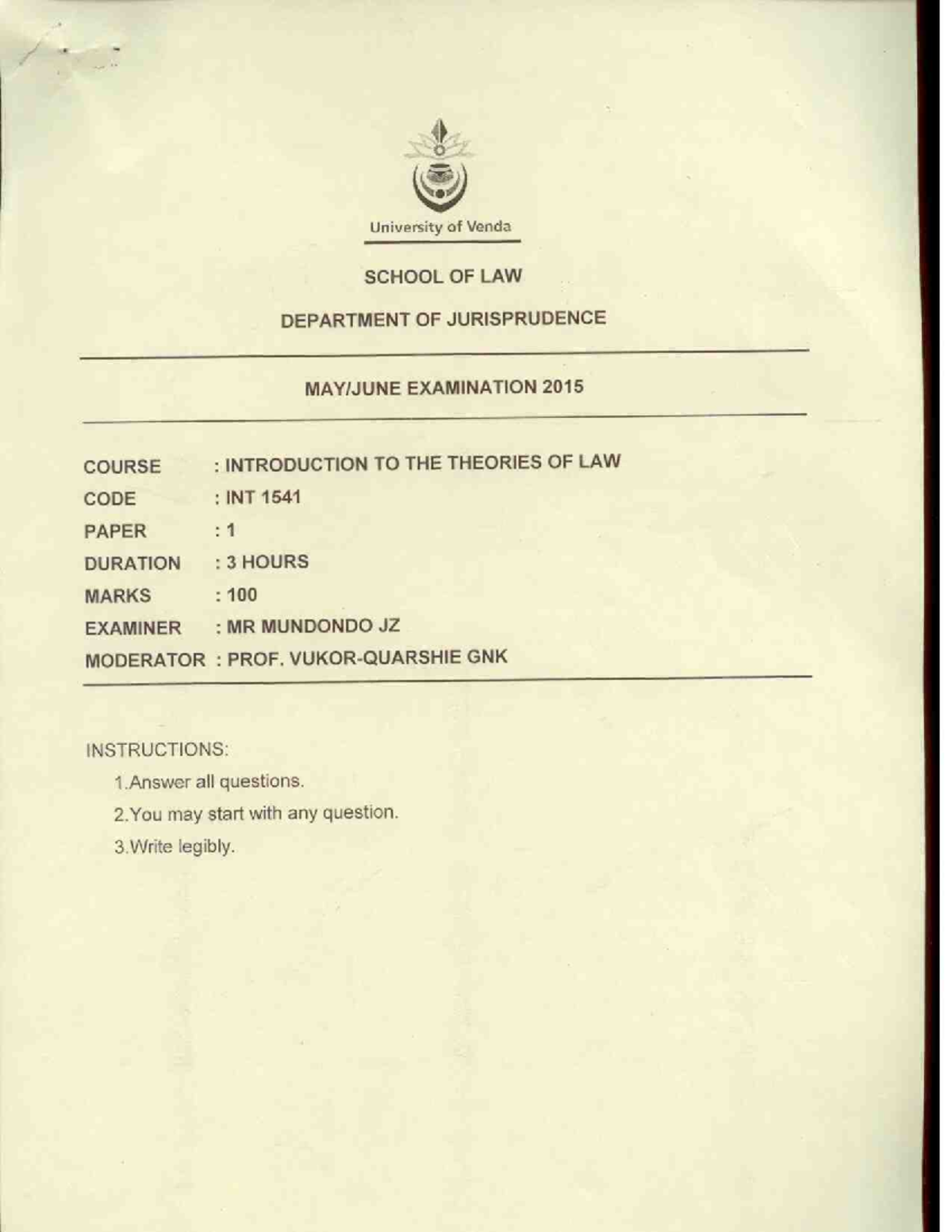 Introduction to Theory of Law Past Exam Paper Review - Studocu