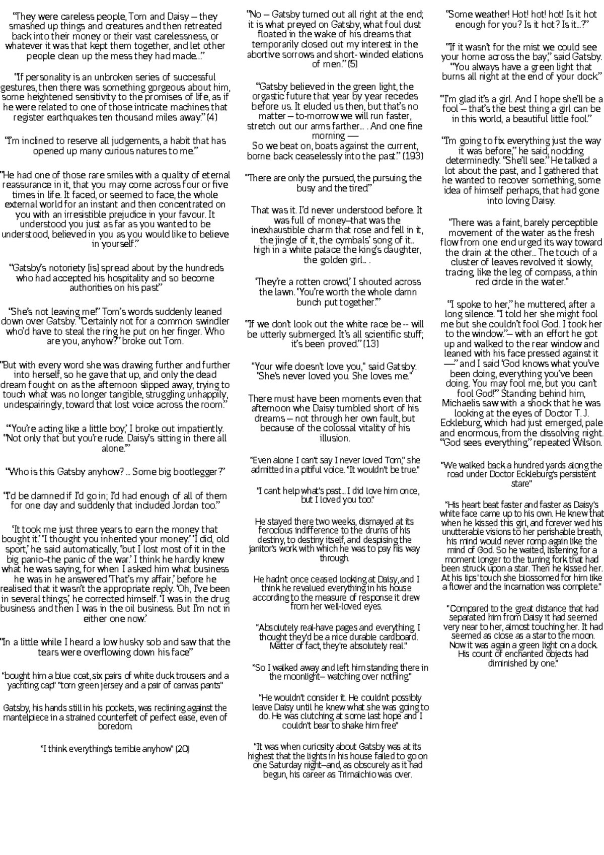 Gatsby Analysis Cheat Sheet for Literature 101 - Studocu