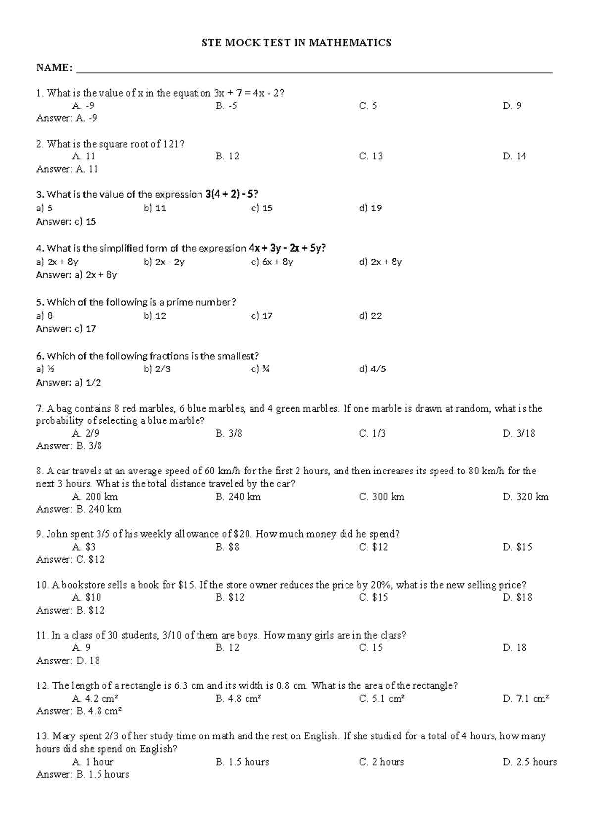 STE MOCK TEST IN MATH 101: Essential Questions & Answers - Studocu