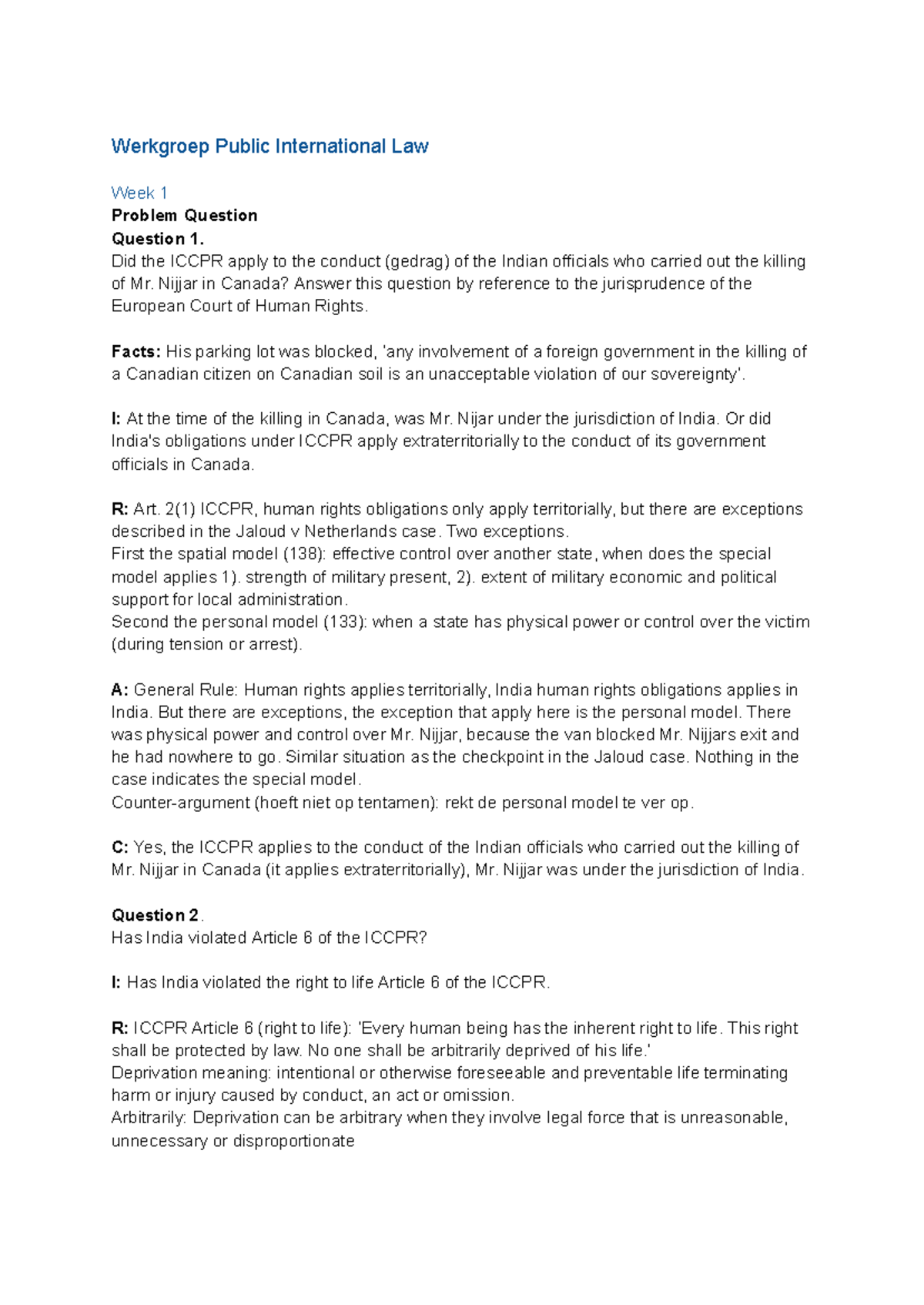 Werkgroep Public International Law: Week 1 & 2 Problem Questions ...