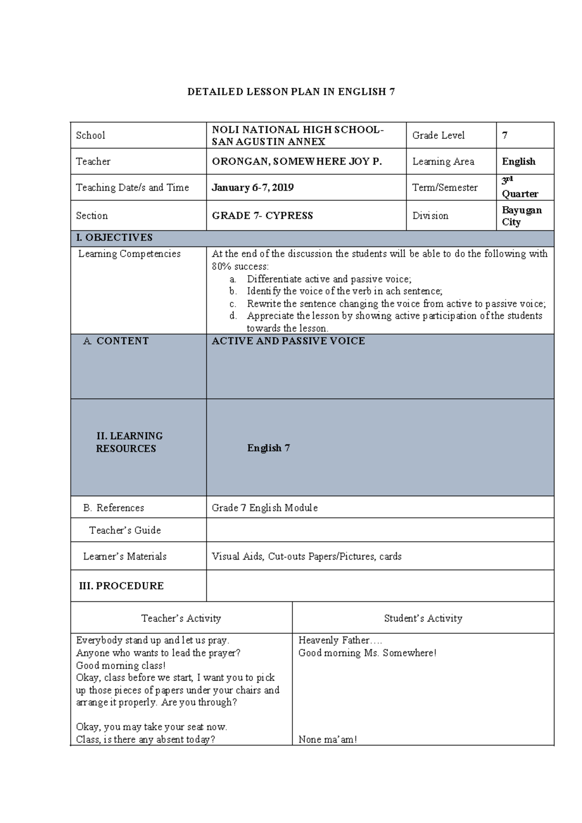 Detailed Lesson Plan in English 7: Active and Passive Voice - Studocu