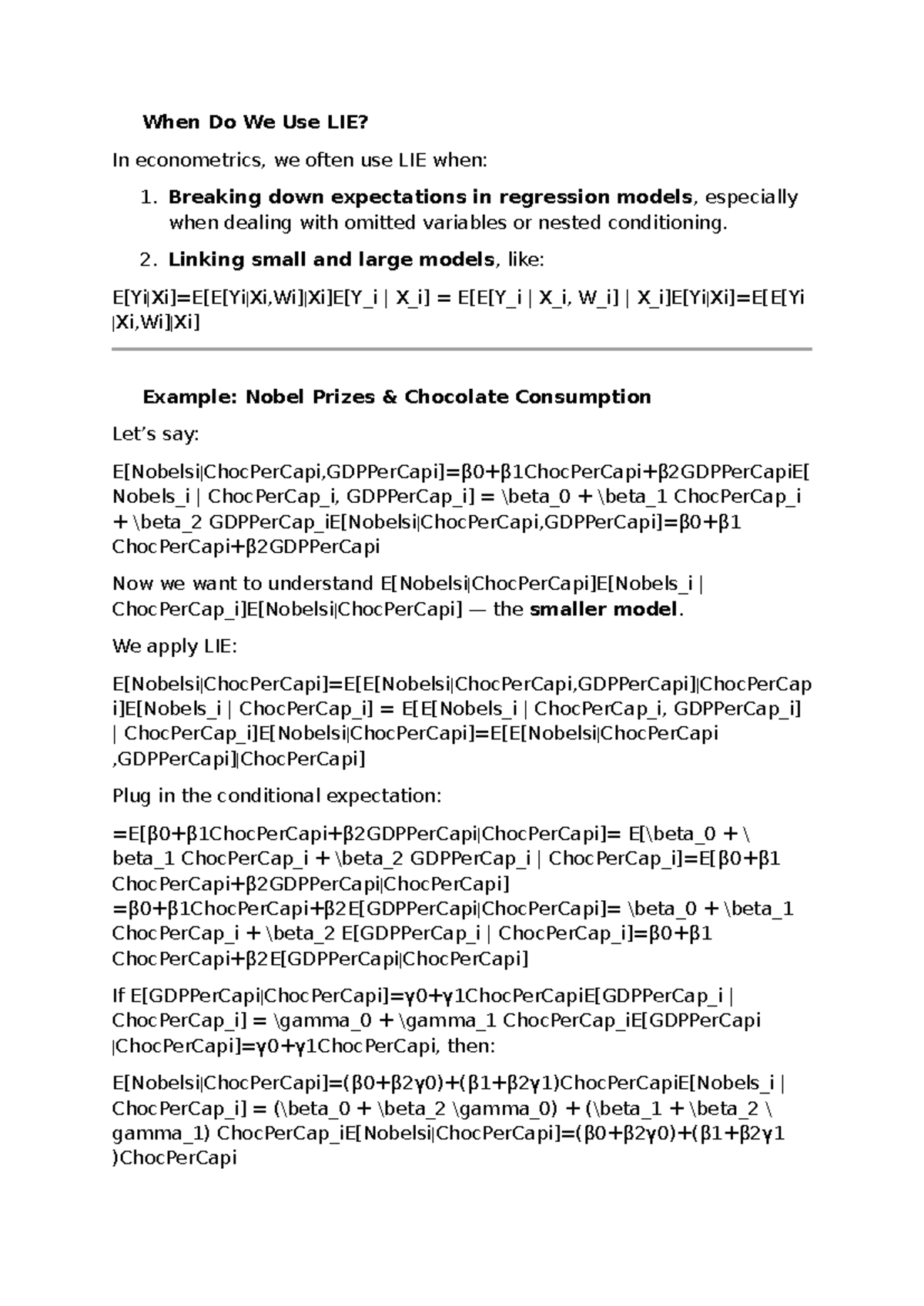 ECOM 201 Mid Sem Notes: Understanding LIE and IVs in Econometrics - Studocu
