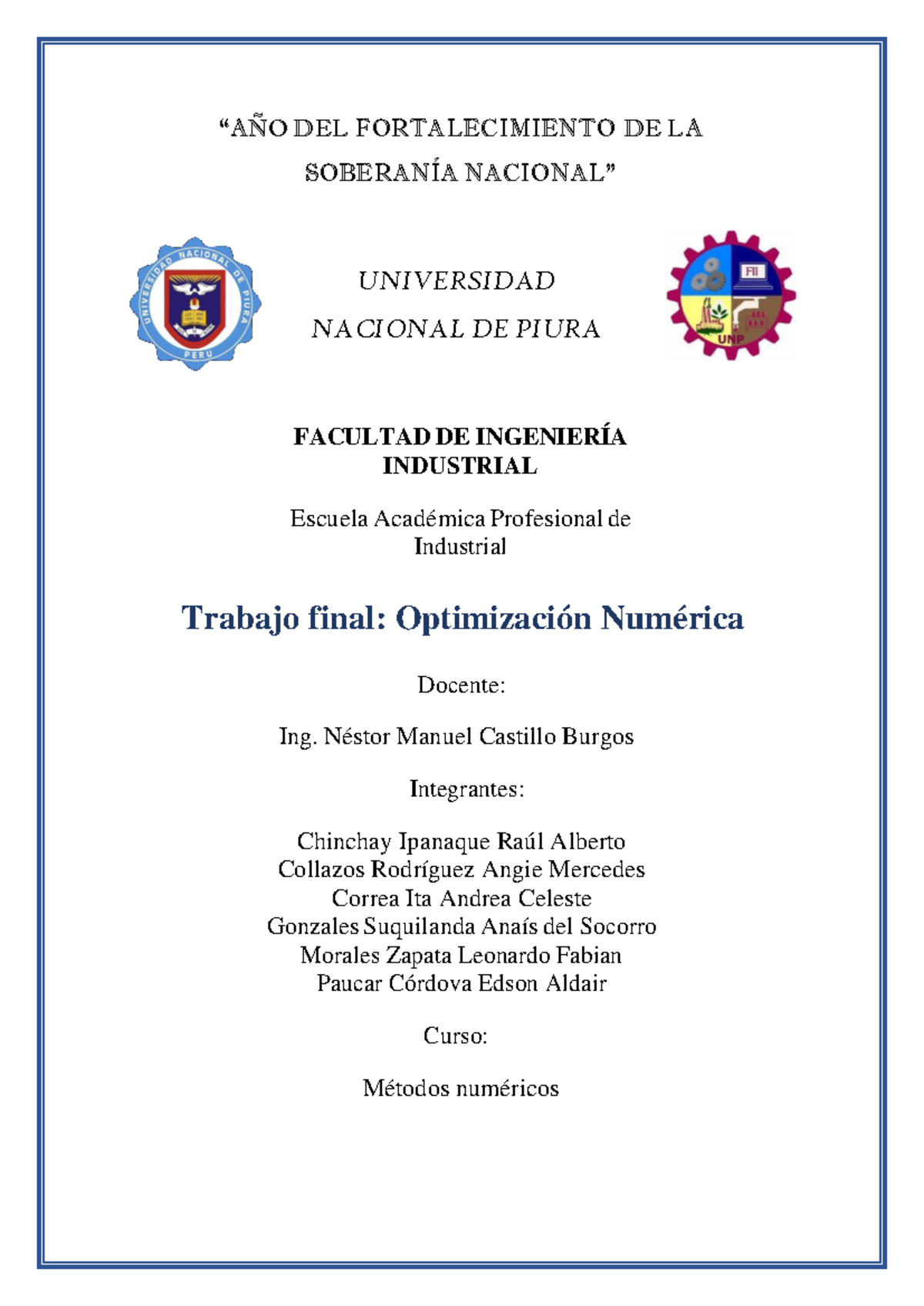 Trabajo Final: Optimización Numérica en Métodos Numéricos (MÉTODO) - Document Preview