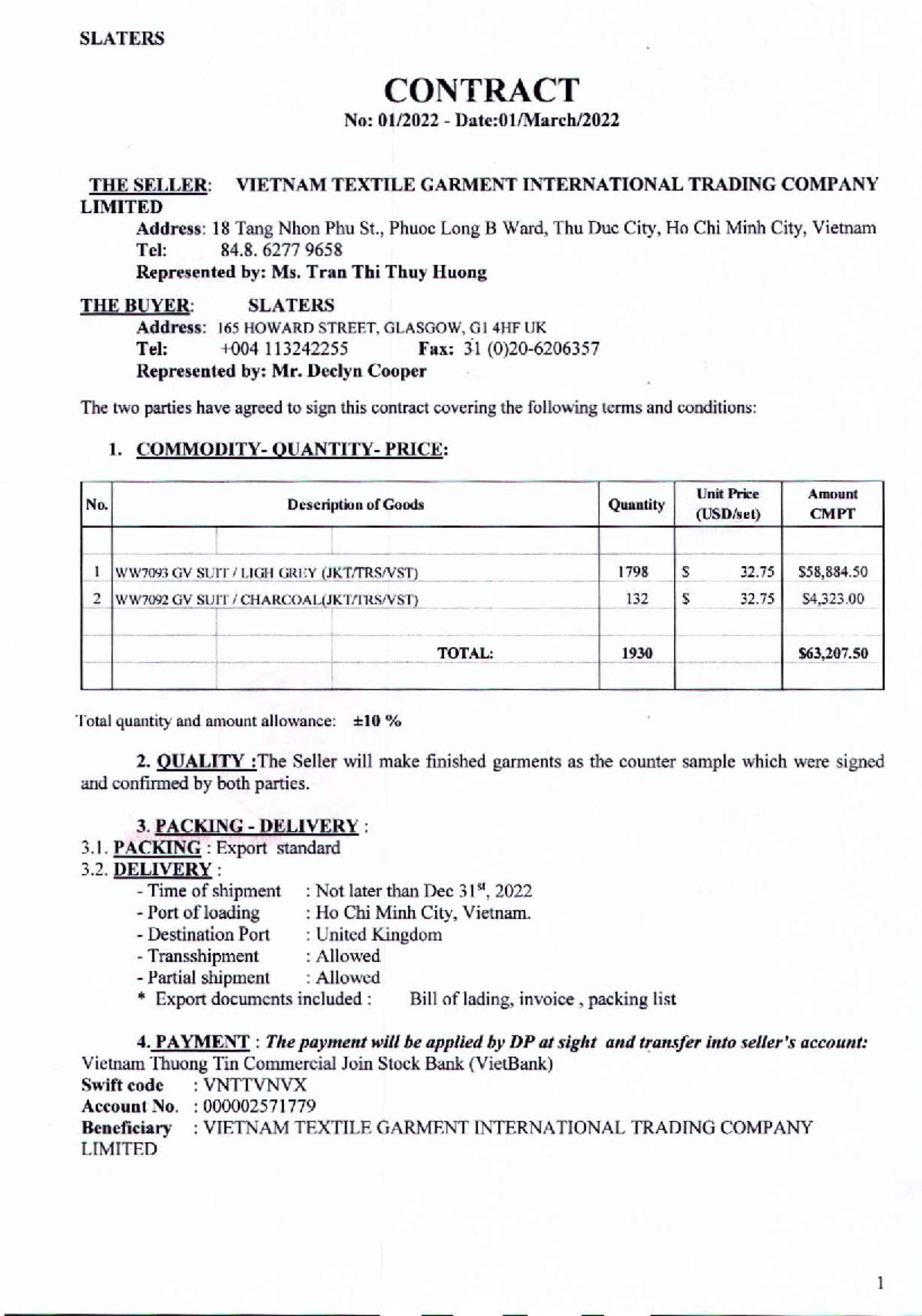 SLATERS CONTRACT: VIETNAM TEXTILE GARMENT TRADING TERMS & CONDITIONS ...