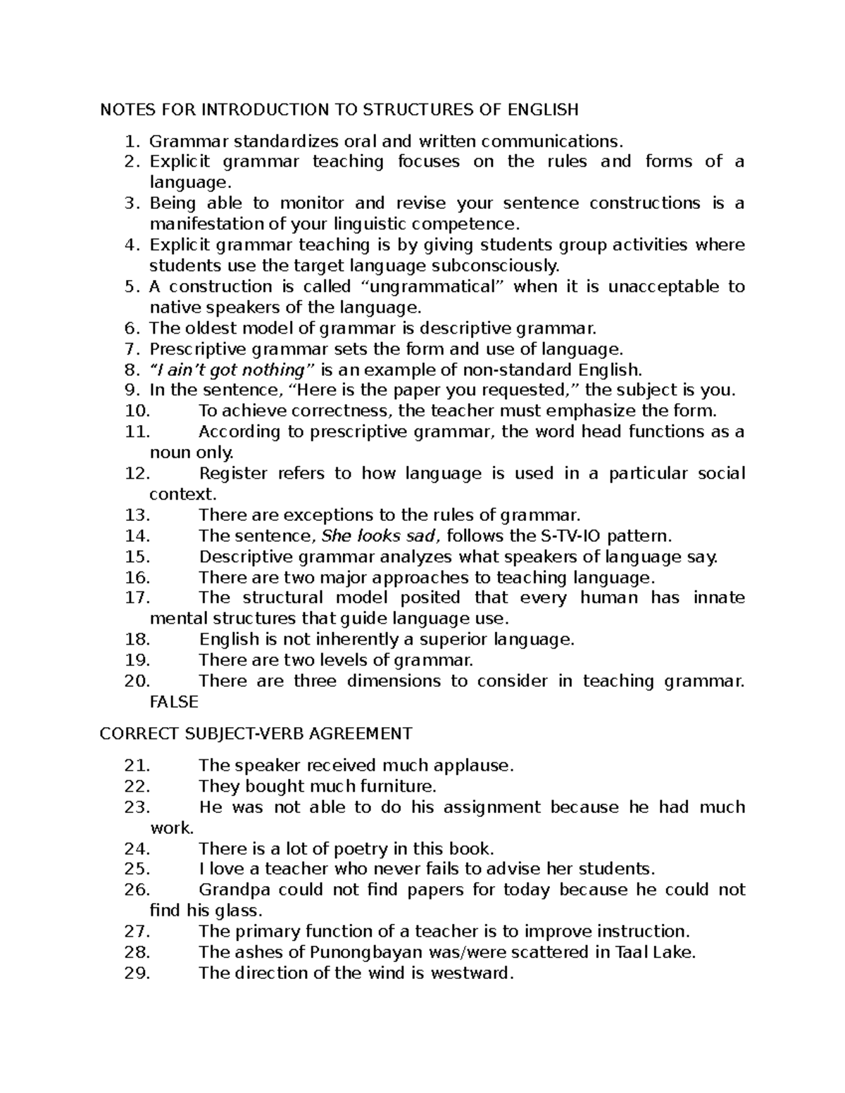 Structure of English: Grammar Lesson Notes for Class ENG 101 - Studocu