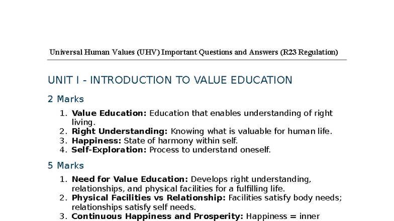 UHV Important Questions & Answers (R23) - Value Education Overview ...