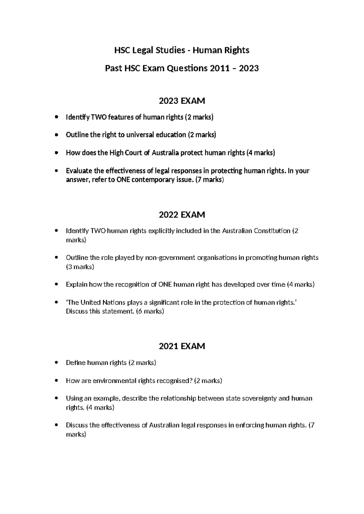 HR HSC Questions 2024: Comprehensive Human Rights Exam Prep - Studocu