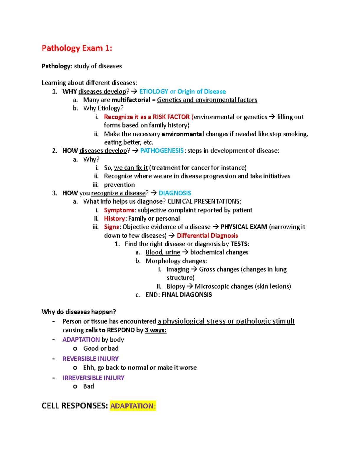 Pathology Exam 1 - Comprehensive Lecture Notes & Key Concepts - Studocu
