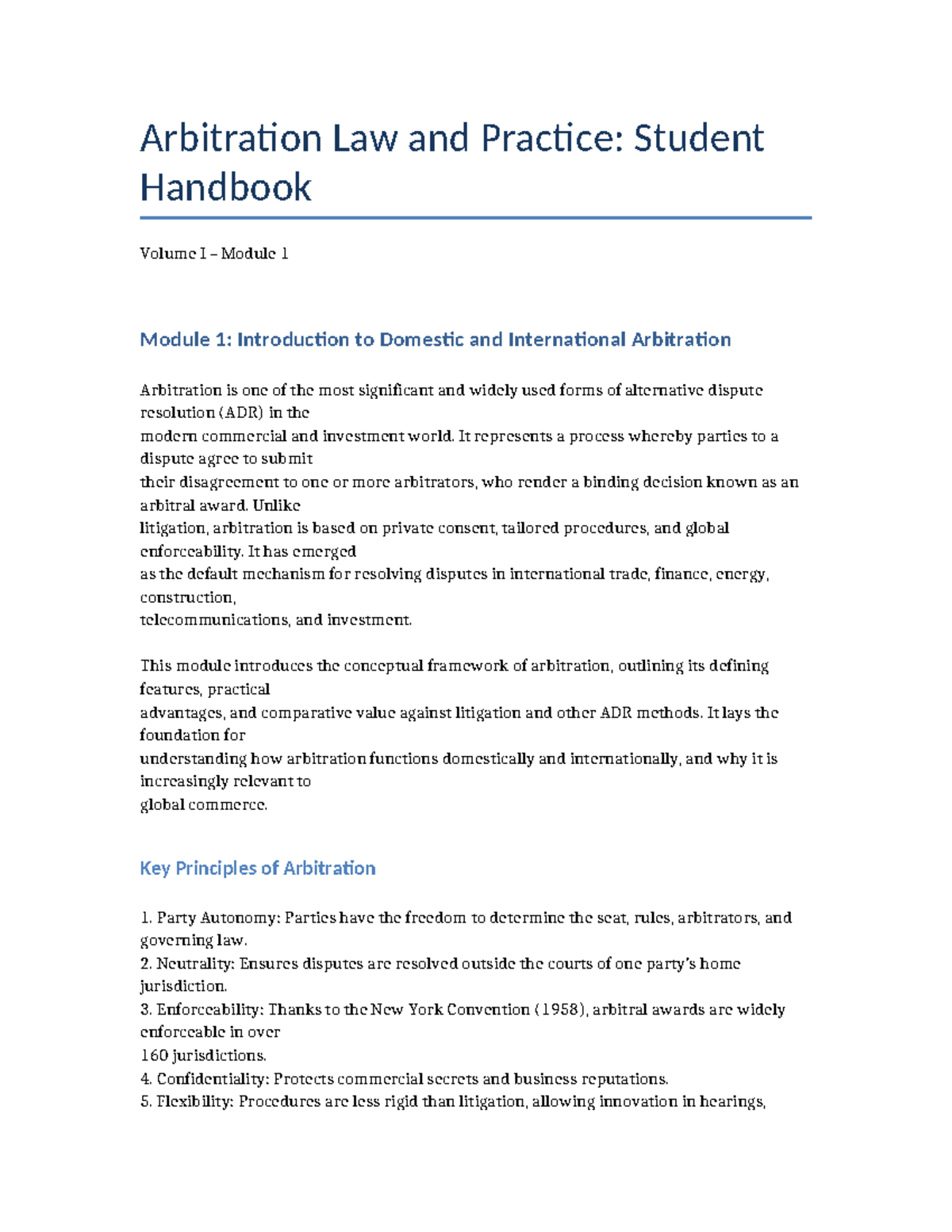 Arbitration Law & Practice: Student Handbook Volume I - Module 1 - Studocu