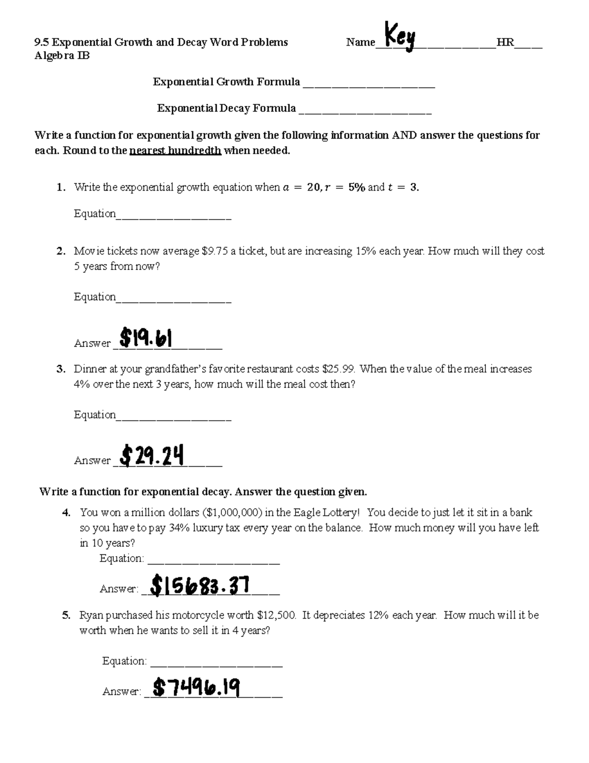 A1 9.5 Exponential Growth & Decay Word Problems Worksheet Key - Studocu