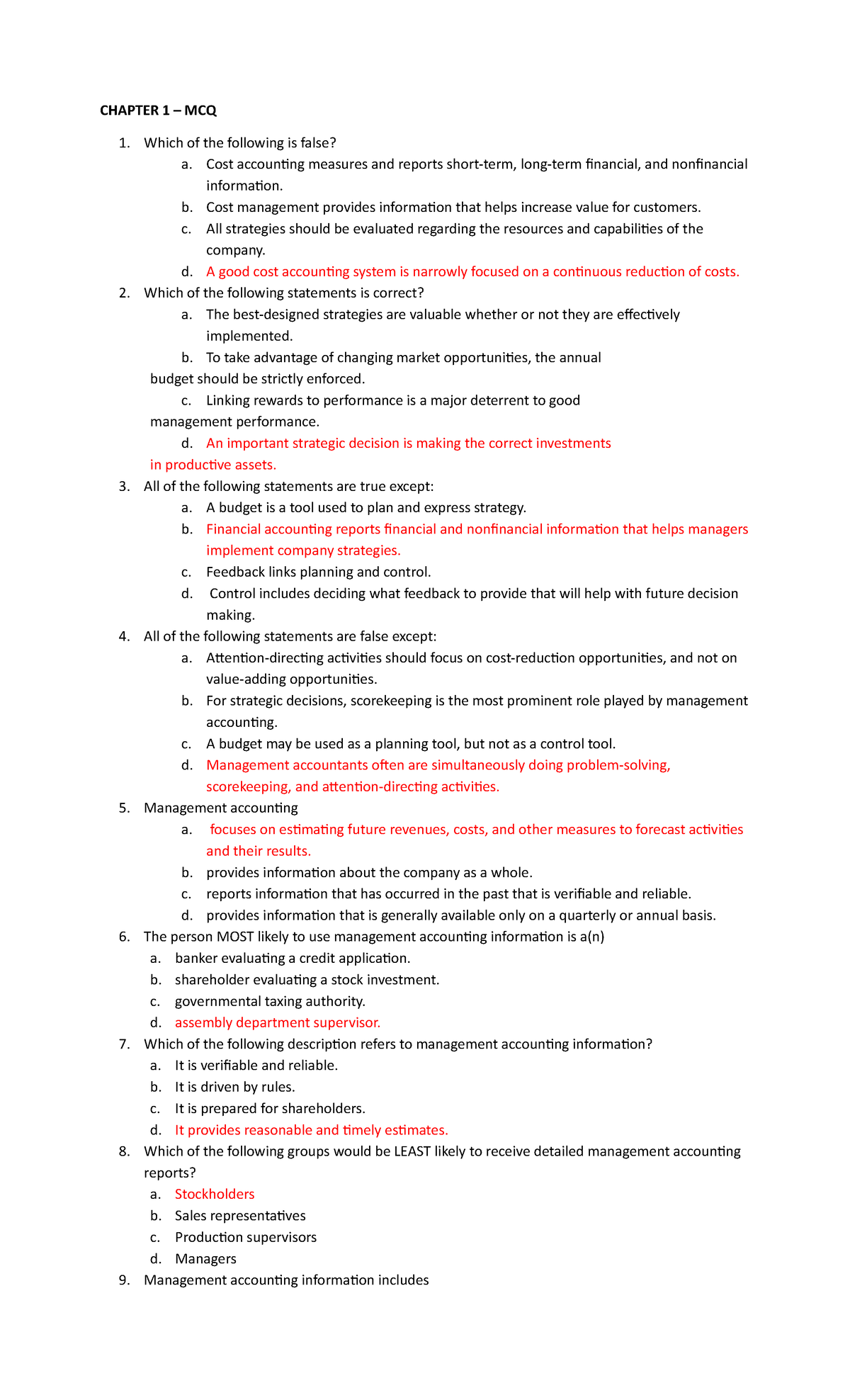 Chapter 1-7 - Strategic Cost Management: MCQs and Key Concepts - Studocu