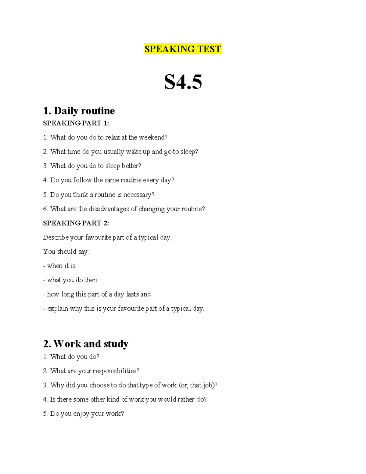 S4 Speaking TEST: Daily Life, Work, Travel, and Relationships - Studocu