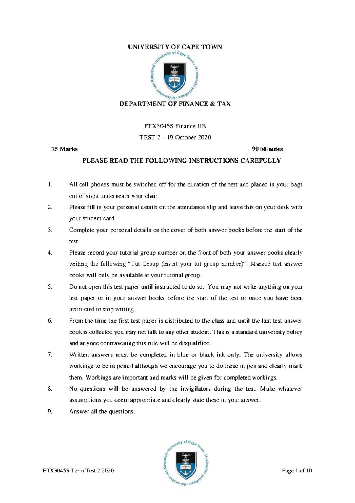 FTX3045S Finance IIB Test 2 - Exam Instructions & Questions - Studocu