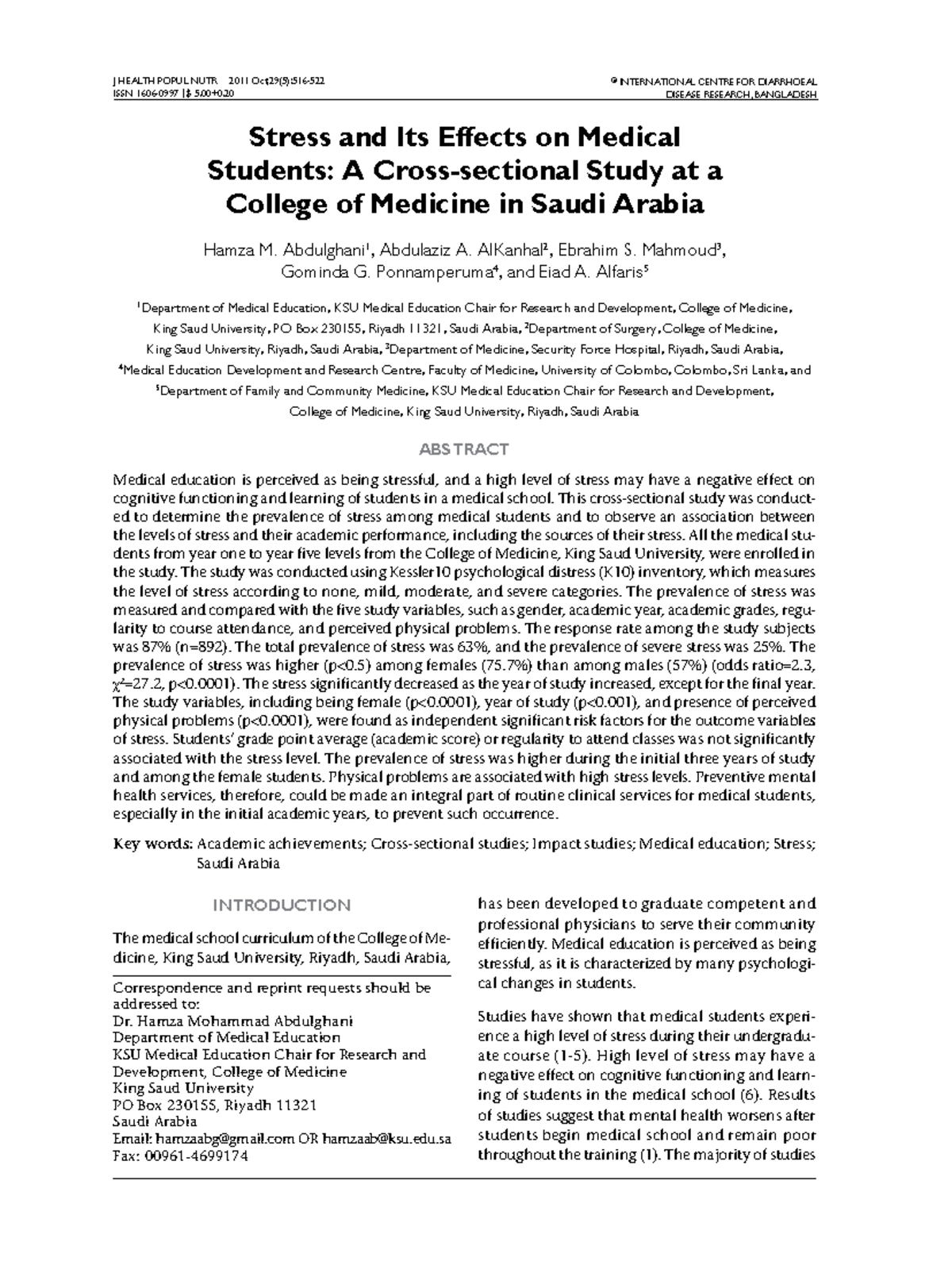 JHPN 2011: Stress and Its Impact on Medical Students in Saudi Arabia ...