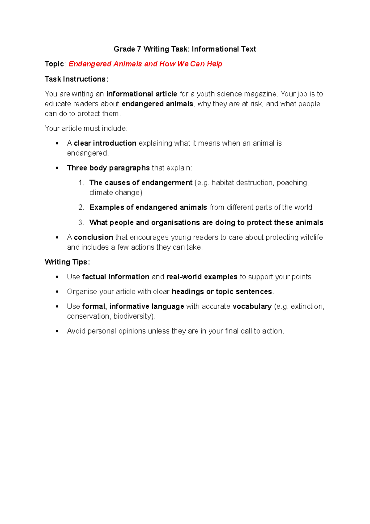 Grade 7 Writing Task: Informational Text on Endangered Animals - Studocu